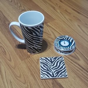 3 pc zebra print lot home decor set cup mug clock